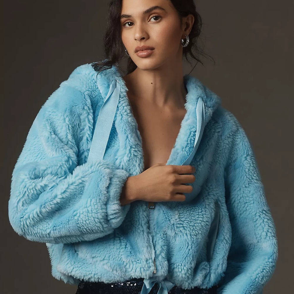 By Anthropologie Cropped Faux Fur Hoodie Jacket NWT - Picture 5 of 13